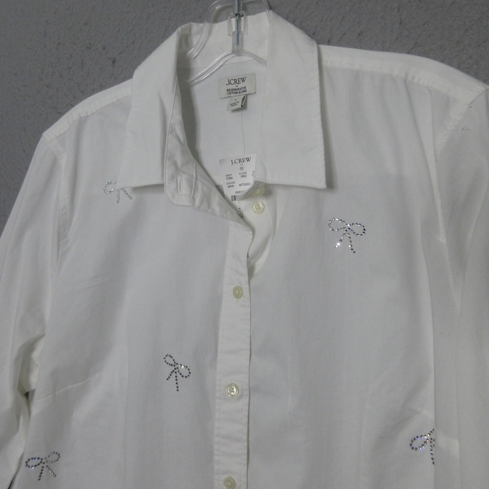 J Crew Regenerative Women Top L White Rhinestone Bow Holiday Preppy‎ Festive NWT